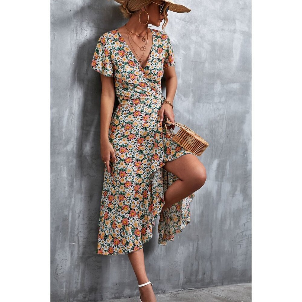 Beach Boho Maui - Floral Surplice Neck Tied Midi Dress - Orange Floral - Picture 4 of 4